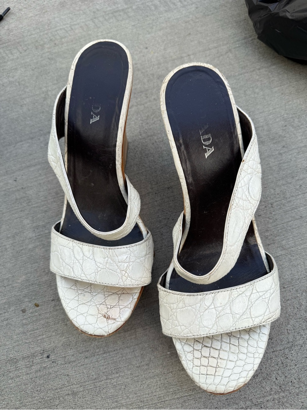 Prada White Croc-Embossed Wedge Slide Sandals